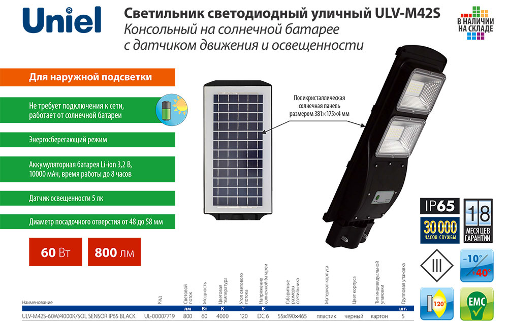 Светильник светодиодный уличный ULV-M42S Консольный на солнечной батарее с датчиком движения и освещенности